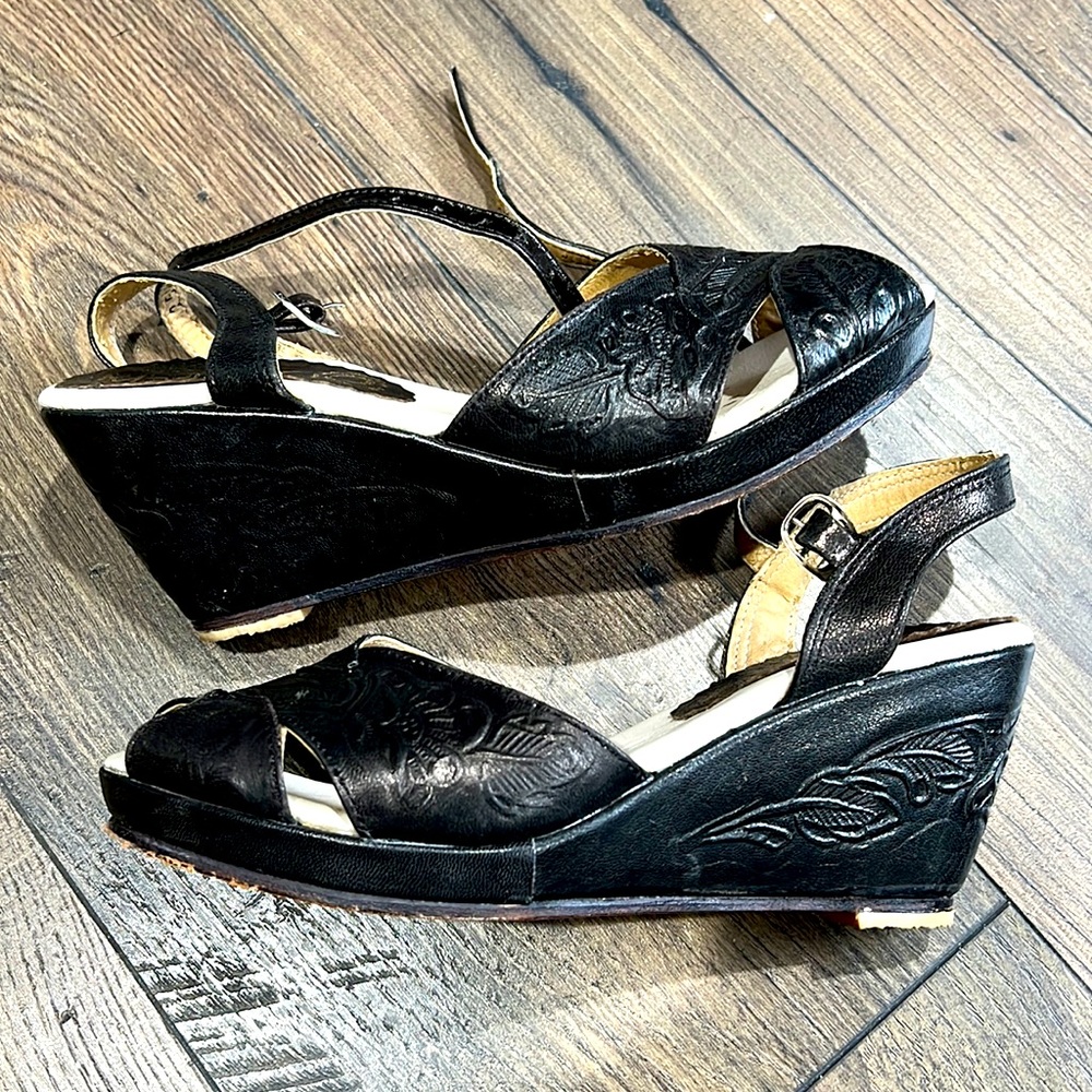 Marlene Mexican tooled Embossed wedges leather black summer style